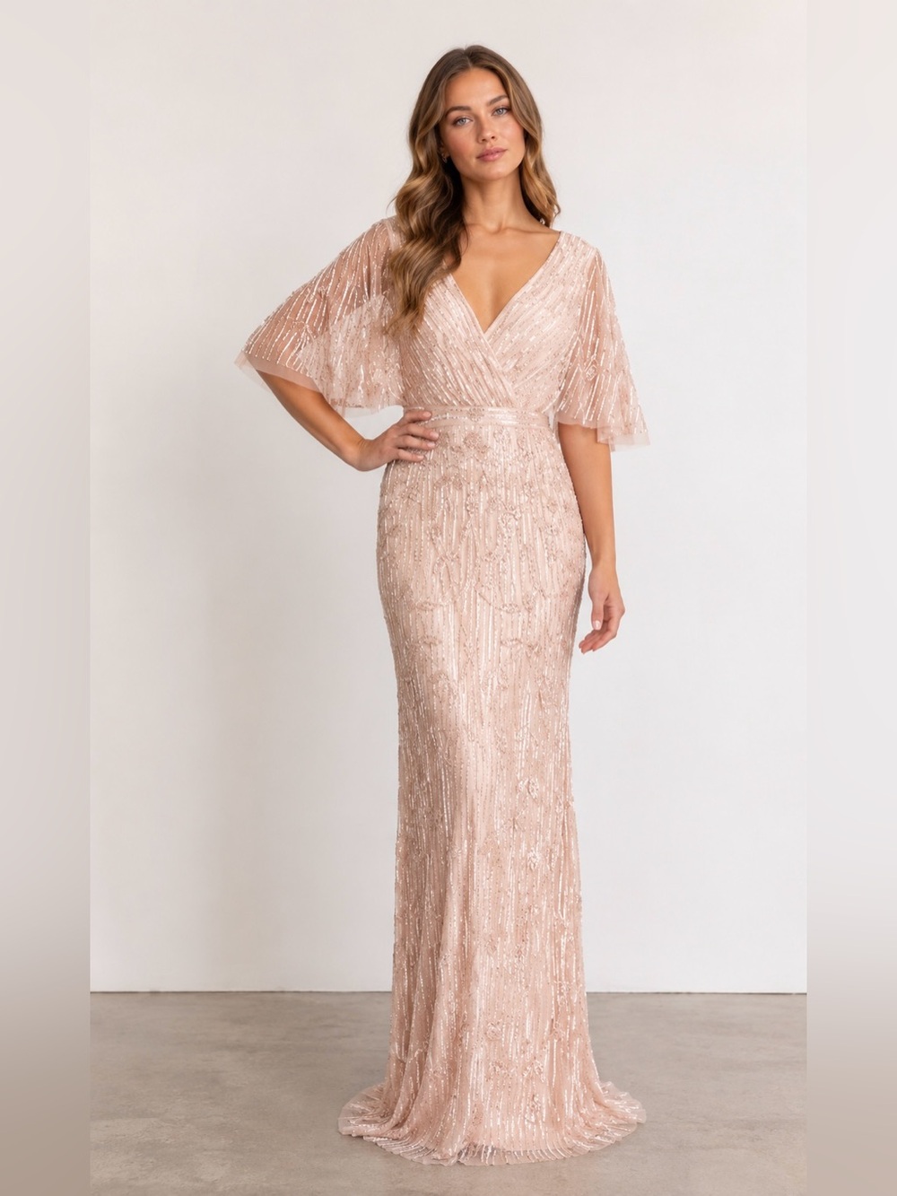 Mac Duggal 9064 Blush Pink Beaded Sequin Cape Sleeve Evening Gown Size 4